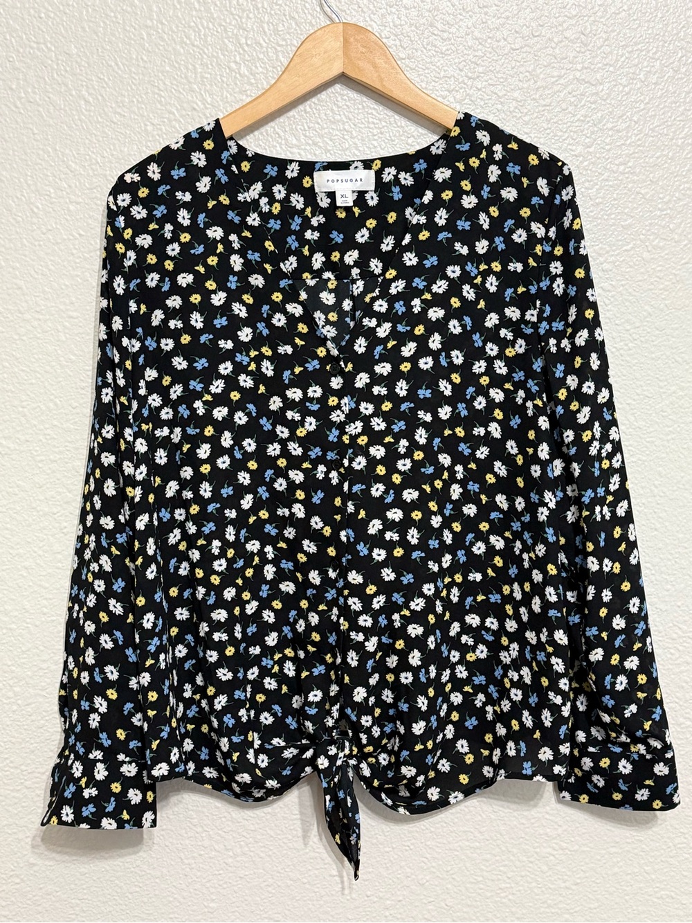 POPSUGAR Black Floral Tie-Front Blouse with Blue, White & Yellow Flowers